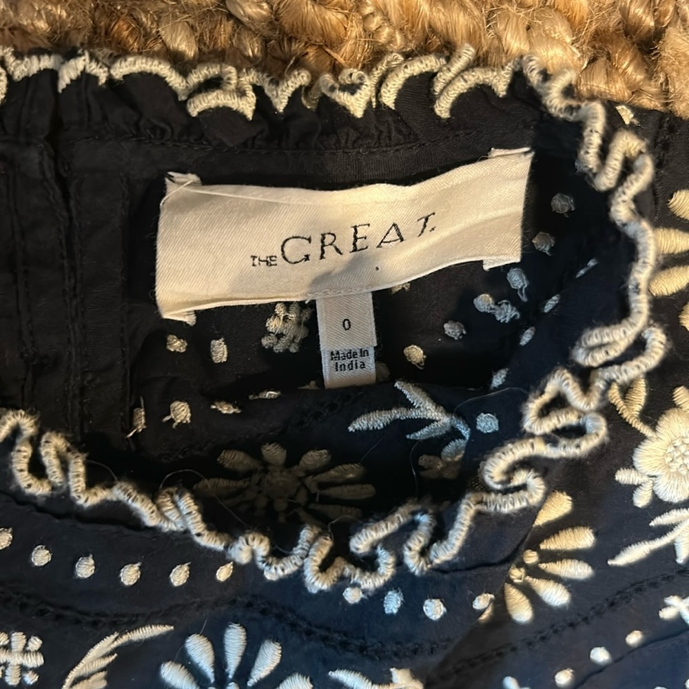 THE GREAT. Navy Blue Embroidered Peasant Blouse with White Trim - Picture 7 of 11